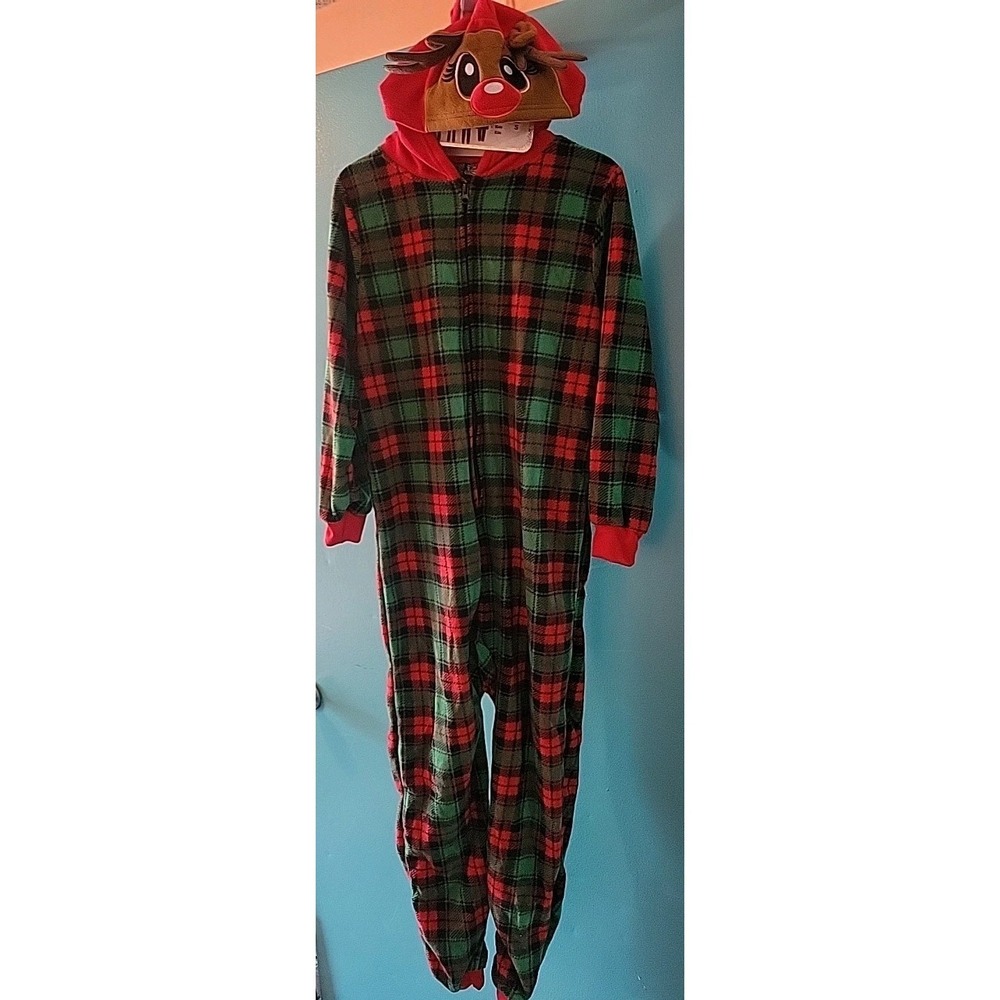 PJs & Presents Reindeer One-Piece Bodysuit Costume Plaid Pajamas With Hood Med